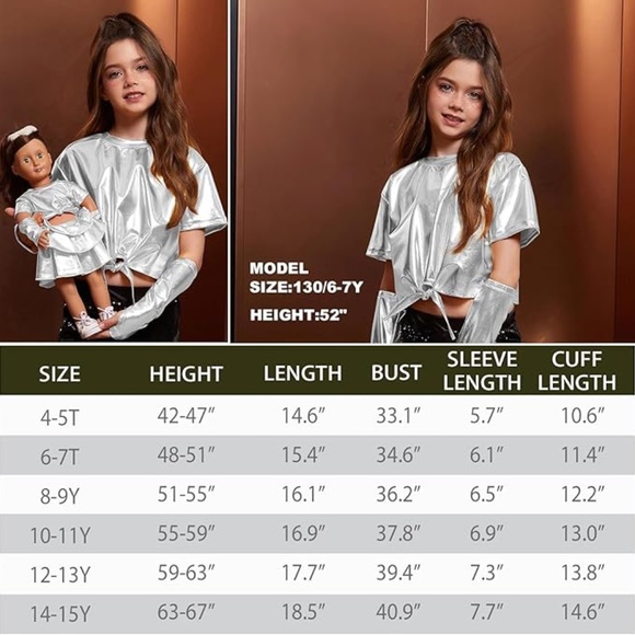 Girls Metallic Shiny Tie Front Knot Crop Top W/Arm Sleeves for Dancing, 12-13 yr - Picture 2 of 11